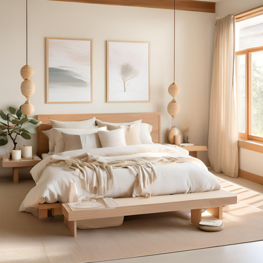Japandi Bedroom: Promotes simplicity, sustainability, and peaceful living environments