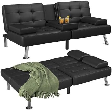 Flamaker Futon Sofa Bed Modern Folding Futon Set Convertible Recliner Lounge for Living Room with 2 Cup Holders, Removable Armrests (PU Leather, Black) Flamaker Futon Sofa Bed Modern Folding Futon Set Convertible Recliner Lounge for Living Room with 2 Cup Holders, Removable Armrests (PU Leather, Black)